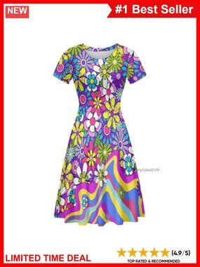 Floral Midi Dress Short Sleeve O-Neck Casual Summer Sundress